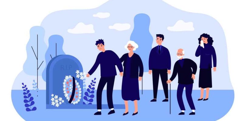 ilustração de familiares em funeral, seguro funeral para idosos
